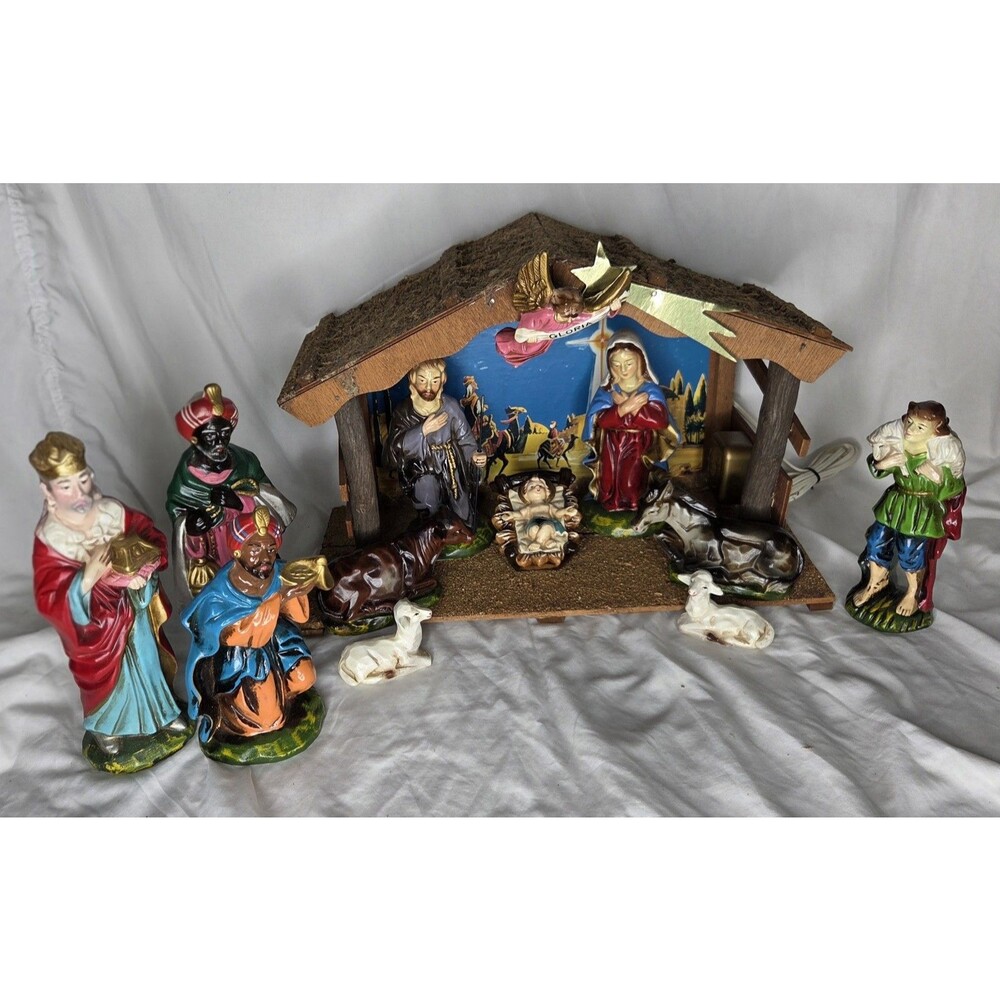 Vtg 60s Nativity Manger Stable Christmas Set Lighted Music Box w/ Figures